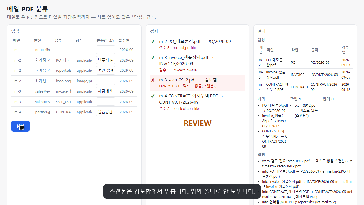 메일 PDF 분류 데모 화면